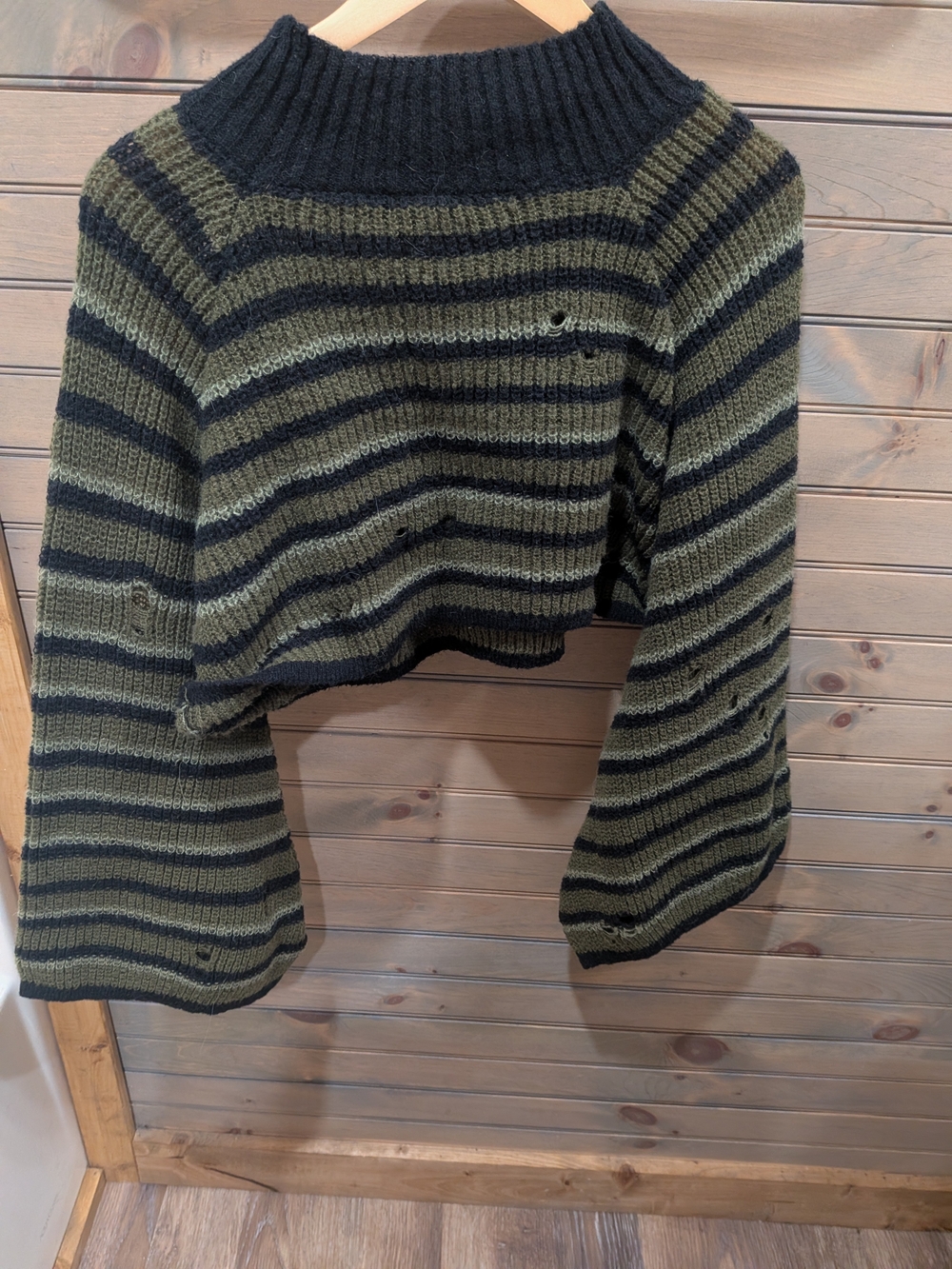SHEIN Olive Green and Black Striped Cropped Turtleneck Sweater